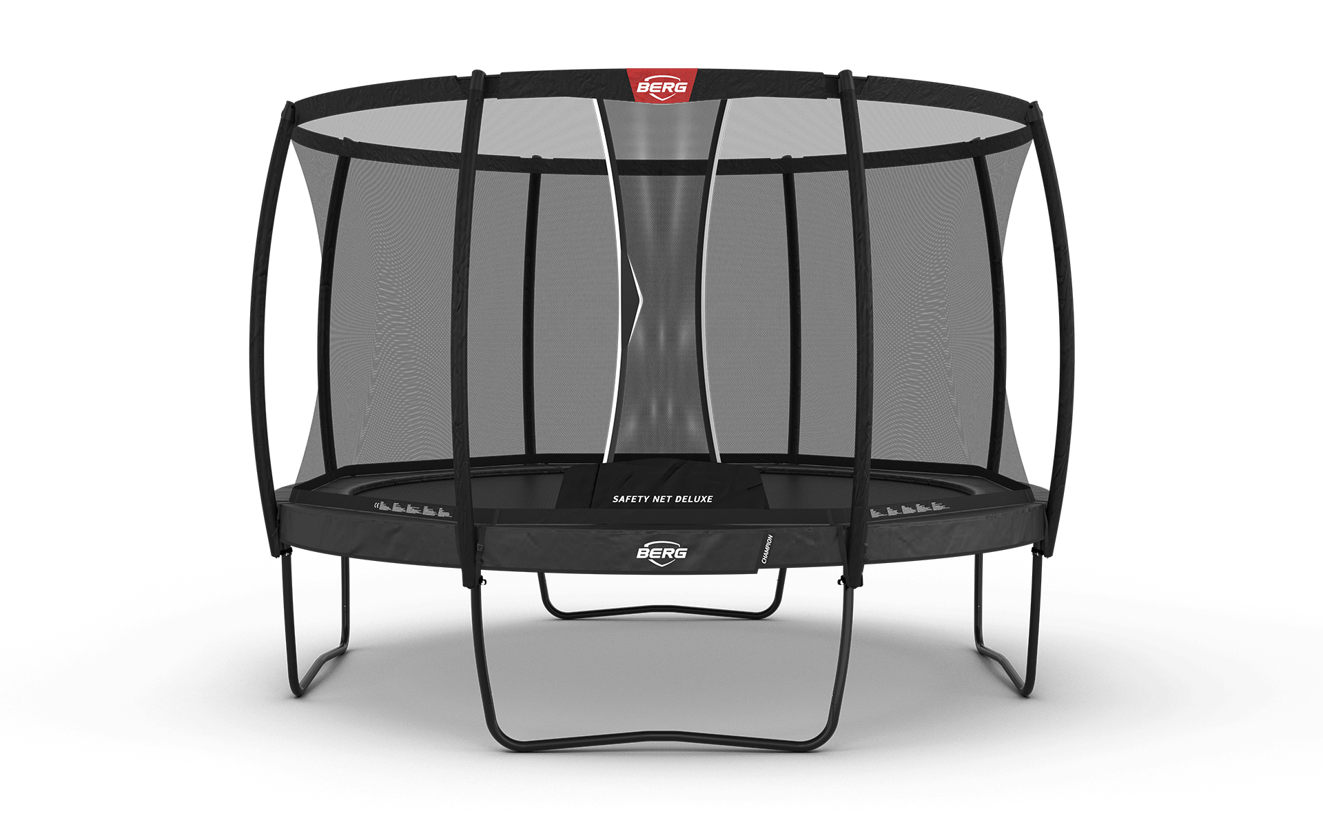 BERG Champion rund studsmatta i grått med skyddsnät Deluxe, diameter 380 cm