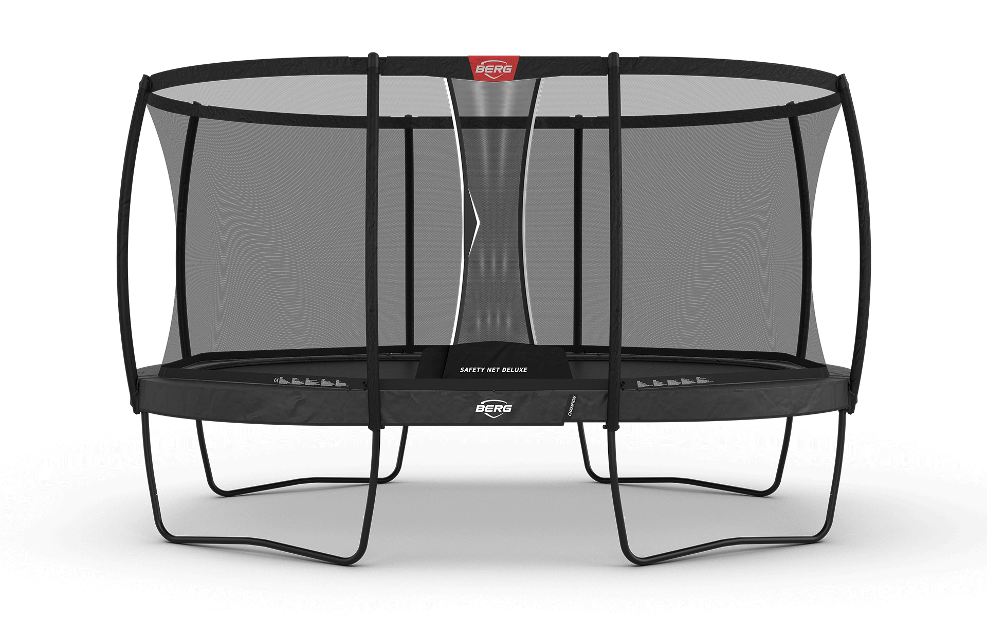 BERG Grand Champion stor rund studsmatta i grått med skyddsnät Deluxe, diameter 470 cm
