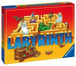 Spelplanen till Ravensburger Labyrinth med flyttbara gångar och skattfigurer