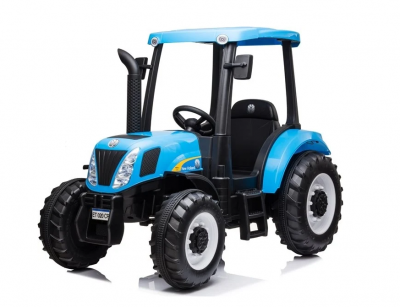 Blå licensierad New Holland T7-eltraktor för barn med förarhytt