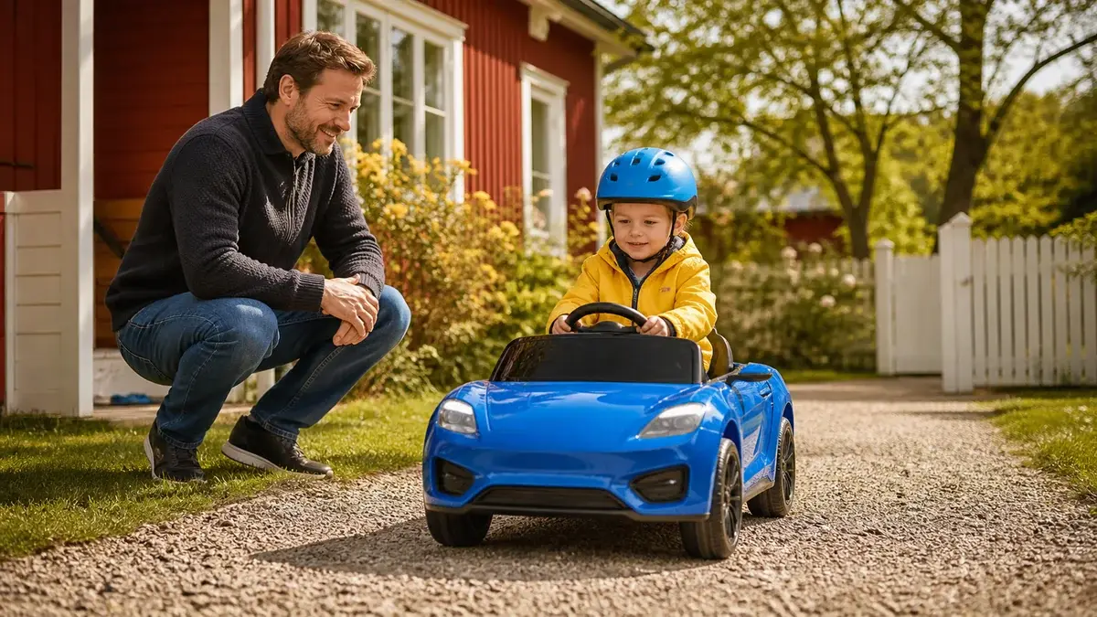 Barn med hjälm kör en liten elbil under vuxens uppsikt