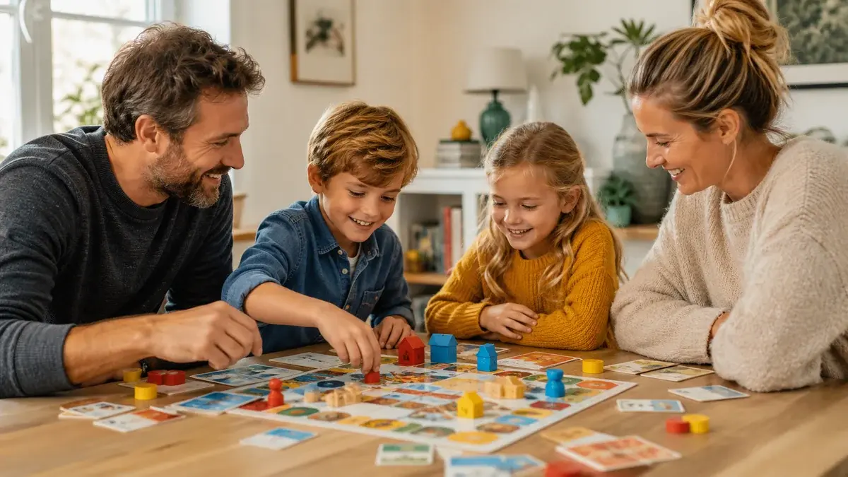 Familj spelar ett färgglatt brädspel tillsammans