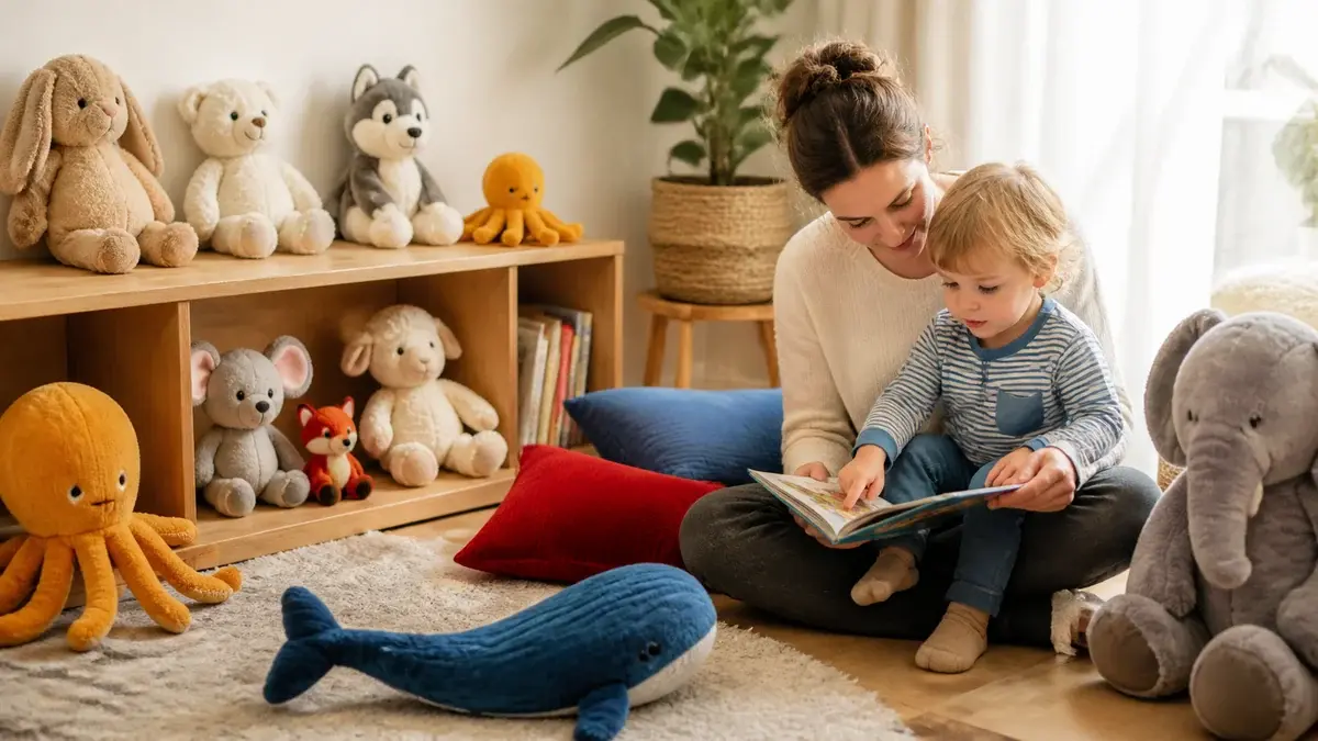 Mjuka gosedjur i olika storlekar i en läshörna