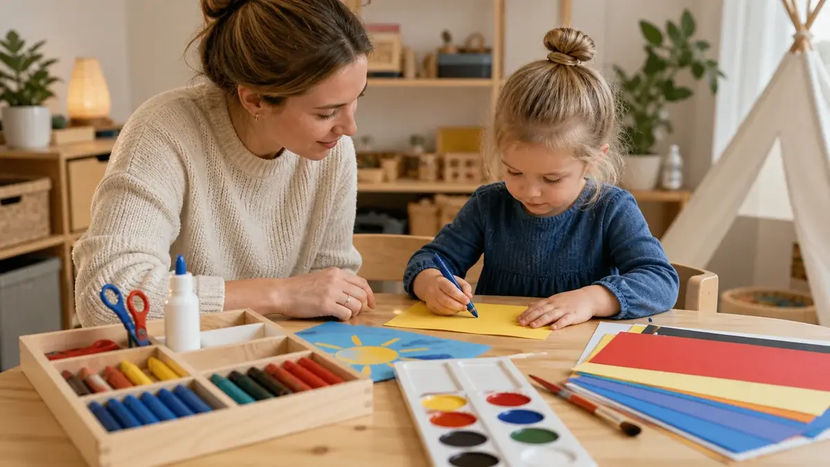 Barn pysslar med färg, papper, kritor och säkerhetssax