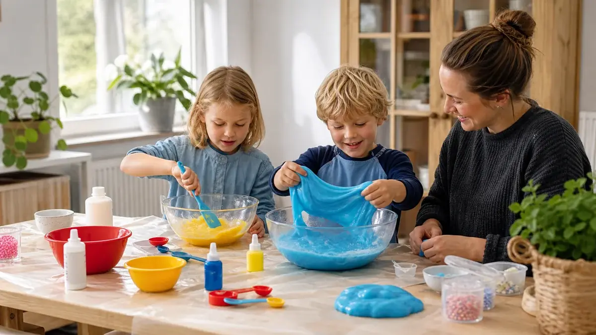 Barn gör slime i skålar under vuxens uppsikt