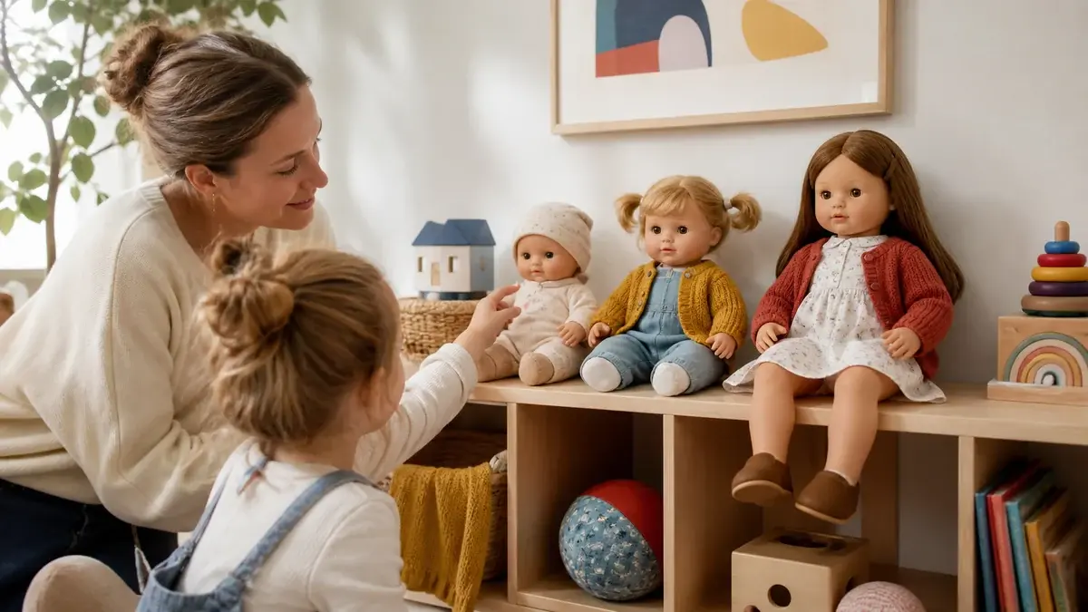 Mjuka och detaljerade dockor för olika åldrar på en hylla