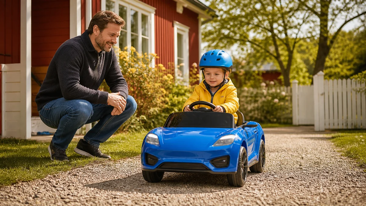 Barn med hjälm kör en liten elbil under vuxens uppsikt