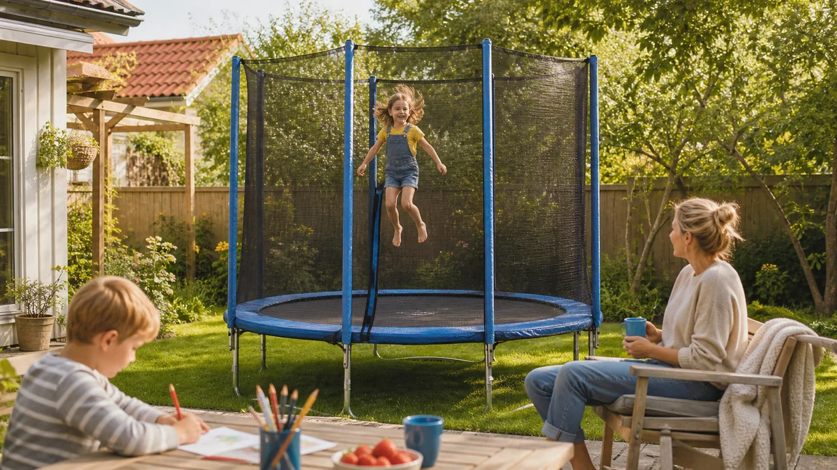 Barn hoppar mitt på en studsmatta med komplett skyddsnät