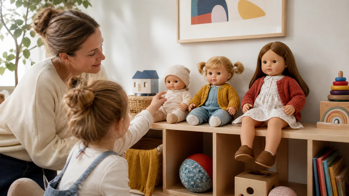 Mjuka och detaljerade dockor för olika åldrar på en hylla