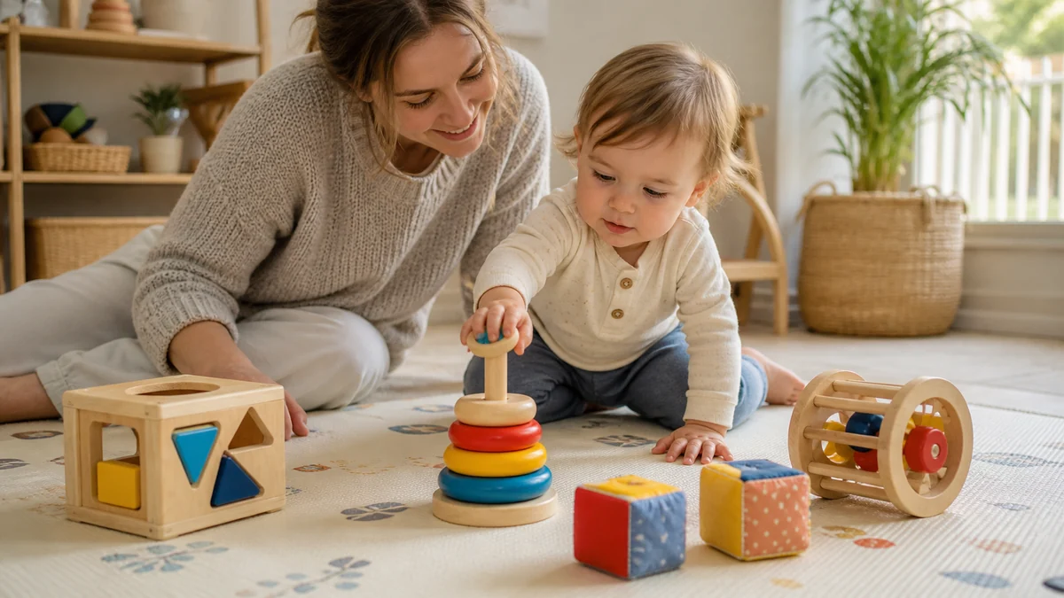 Ettåring leker med stapelringar, sorteringslåda och mjuka klossar