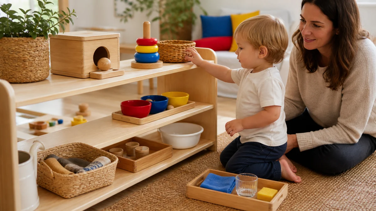 Barn leker vid en låg hylla med Montessorimaterial i trä