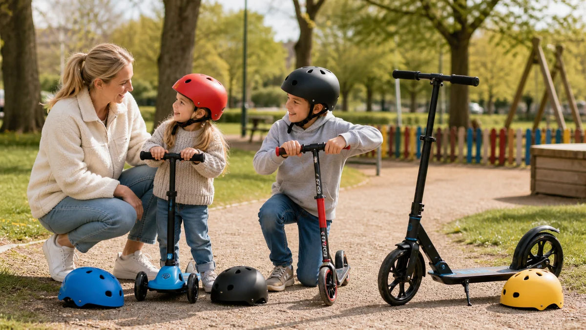 Tre typer av barnscootrar med hjälmar i en park