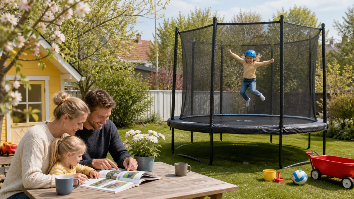Studsmatta med skyddsnät och fritt säkerhetsavstånd i trädgården